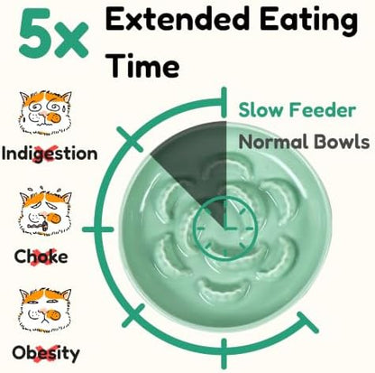 Elevated Slow Feeder Cat Bowl with Bamboo Stand, 6.3'' Ceramic Cat Food Bowl, Raised Whisker Friendly Cat Dish for Wet & Dry Food, Dishwasher Safe Anti-Slip Feeder for Cats & Small Dogs (Green) - Image 3