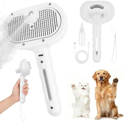 3 in 1 Dog Steam Brush with Storage Rope for Reducing Flying Fur & Static,Removed Dead Skin and Coat,Self Cleaning Pet Steam Brush,Shedding Massaging Grooming for All Type Hair - White by CORNNPET