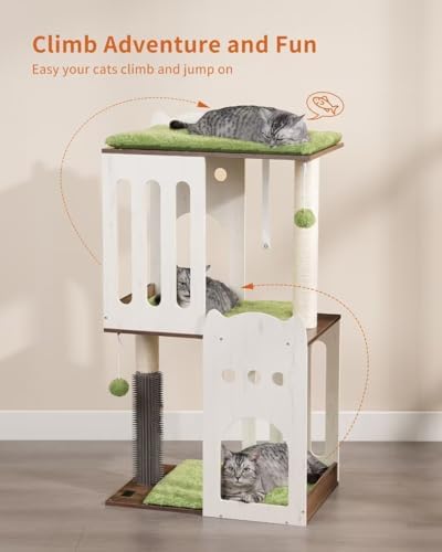 FourFurPets 43.7in 3-Tier Modern Cat Tree Tower Condo, Cat Scratch Posts for Indoor Cats, Big Plate, Two 19.7in Full Sisal Scratching Posts, White - Image 3