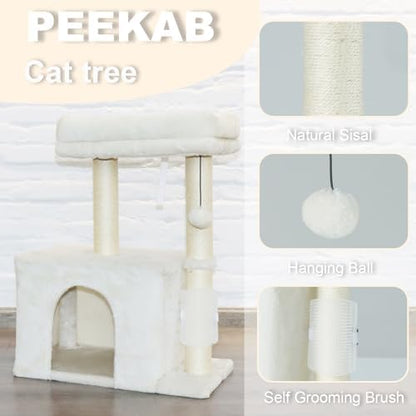 PEEKAB Small Cat Tree Tower,Scratching Post with Condo and Perch for Indoor Cats and Kittens,with Dangling Ball Massage Brush,Beige - Image 3