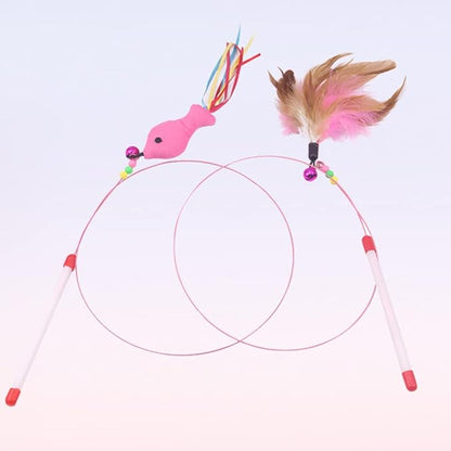 TEHAUX Cat Teaser Wand 27.55 Inch Interactive Fishing Pole with Feather Fish Design and Bells for Kitten Exercise and Play