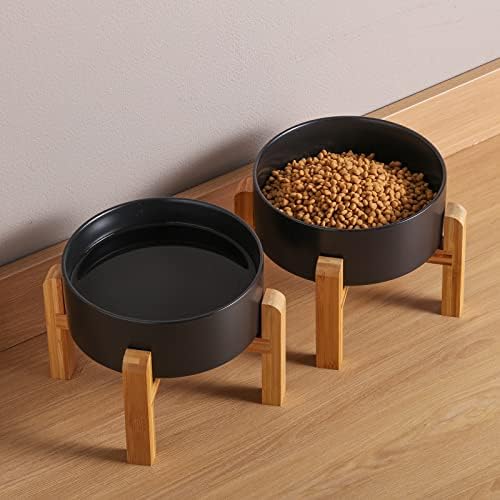 Black Elevated/Raised Dog Bowl Ceramic with Wood Stand for Small Medium Breed,Dog Food Water Dish Heavy, 6 in Non Slip Modern Cute Porcelain Pet Bowl - Image 5