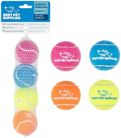 Best Pet Supplies Interactive Squeaky Dog Chew Toy, Ideal Dog Toys for Chewers, Small, Medium & Large Dogs, and Fetch Lovers - Tennis (Assorted Color), Small (Pack of 4) by BestPetSuppliesLLC