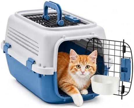 23" Airline Approved Cat Carrier Hard Shell, Dual-Entry Pet Carrier with Top & Front Doors, Detachable Food Bowl & Secure Lock, Breathable Dog Carrier for Cats & Small Dogs Up to 22 lbs - Blue by SimpleDeluxe