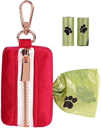 ARING PET Dog Waste Bag Dispenser, Soft Doggy Poop Bags Holders Attach to Any Leashes, Velvet Portable Washable Red Pet Waste Pouch Dispenser with Metal Zipper by ARINGPET