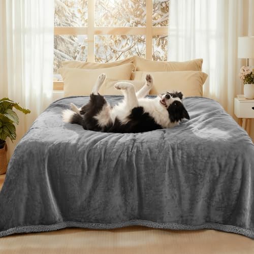 Luciphia Waterproof Bed Blanket Washable, Soft Sherpa Fleece Puppy Reversible Throw Blankets for Medium Large Dog Cat, Furniture Cover Protector Couch from Liquid Pee and Pet Fur, Light Grey,85" x 57" by luciphia