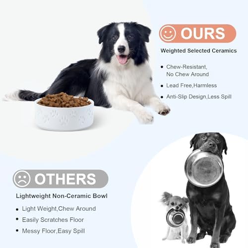 SPUNKYJUNKY Ceramic Dog Bowls 2 Pack, 7.3'' Dog Food Water Double Feeding Bowls Non-Slip for Medium to Large Sized Breed Microwave Dishwasher Safe - 42 OZ, 2pcs, Paw White - Image 3