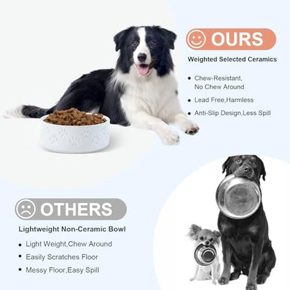 SPUNKYJUNKY Ceramic Dog Bowls 2 Pack, 7.3'' Dog Food Water Double Feeding Bowls Non-Slip for Medium to Large Sized Breed Microwave Dishwasher Safe - 42 OZ, 2pcs, Paw White - Image 3