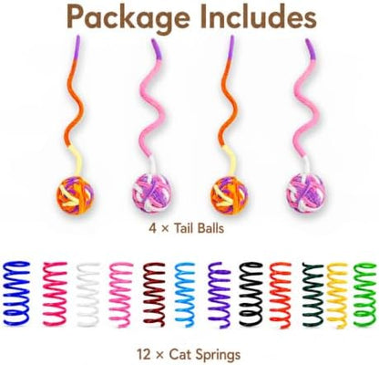 Cat Toys for Indoor Cats, 4 Yarn Balls with Tails & 12 Colorful Springs - Image 2