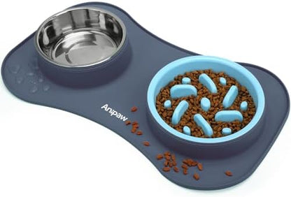 Slow Feeder Dog Bowls 3 in 1 Stainless Steel Food Water Bowl to Slow Eating by Anipaw