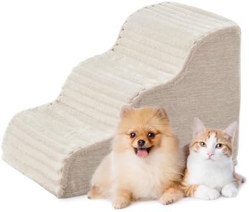 Laojin Balhen Dog Stairs for Small Dogs & Cats 15.7" H, High Density Foam Dog Steps Ramp for Couch Sofa and Chair, Pet Stairs with Non-Slip Bottom and Remove Washable Cover, 3-Step Pet Steps, Beige by LaojinBalhen