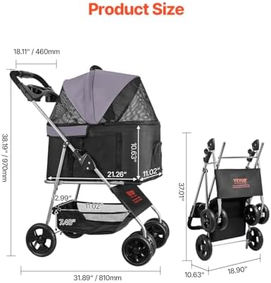 VEVOR Pet Stroller, 35 lbs Weight Capacity, Foldable Dog Stroller Cart, 4 Wheels Cats Strollers with with Detachable Carrier & Mesh Windows, Portable Design with Brake for Small to Medium Pets - Image 2
