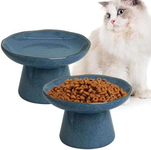 VCEPJH Elevated Cat Bowls 6.1in Shallow Cat Food Plate Pack of 2 Ceramic Raised Cats Dish Flat Anti Whisker Fatigue Wide Pet Food & Water Feeder for Indoor Kitty Kitten (Blue) by VCEPJH