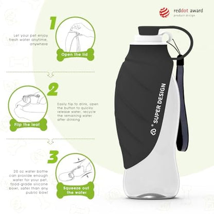 SUPERDESIGN Dog Water Bottle, Portable Dog Water Bottle for Small to Large Dogs, Leak Proof Dog Travel Water Bottle, Small Leaf Travel Water Bowl for Dogs and Dog Walking Accessories (19.6OZ, Black) - Image 2