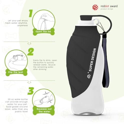 SUPERDESIGN Dog Water Bottle, Portable Dog Water Bottle for Small to Large Dogs, Leak Proof Dog Travel Water Bottle, Small Leaf Travel Water Bowl for Dogs and Dog Walking Accessories (19.6OZ, Black) - Image 2
