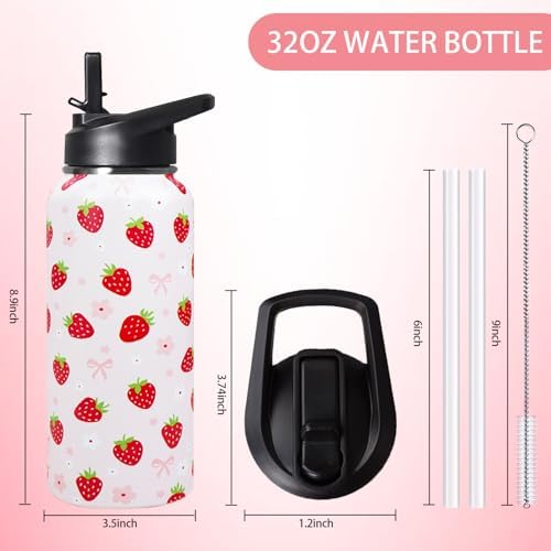 32oz Strawberry Stainless Insulated Aater Water Bottle with Straw,Strawberry Floral Gym Hiking Sports Coffee Mug Cup Water Bottles,Strawberry Themed Gifts for Women,Strawberry Decor Stuff Accessories - Image 2