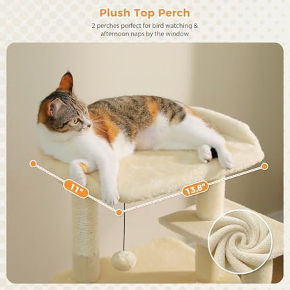 PETEPELA Kitten Cat Tree, 34.6" Small Cat Tower with Ramp & Toys, Beige - Image 6