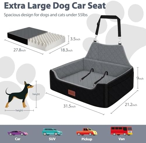 Dog Car Seat for Medium Large Dogs Under 55lbs, Detachable and Washable Dog Booster Seats with Thick Cushion, Pet Travel Bed for Car with Storage Pockets and 2 Safety Belts - Image 2