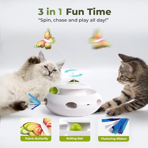 ALL FOR PAWS 3 in 1 Interactive Butterfly Flutter Cat Toy with Rolling Balls, Automatic Kitten Spinner Toys, Popping Feather Toy, Mental Stimulation for Indoor Cats, USB Rechargeable - Image 2