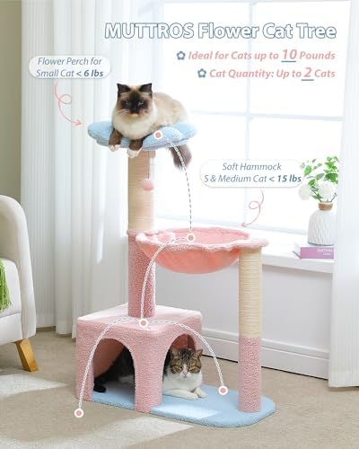 MUTTROS Flower Cat Tree with Large Metal Frame Hammock, 35" Pink Cat Tower with Sisal Scratching Posts for Small Indoor Cats, Cat Condo with Blue Top Perch for Kittens, Fluffy Ball, Pink - Image 2