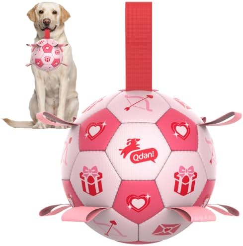 QDAN Dog Birthday Toys, Pink Soccer Ball with Straps, Interactive Tug of War Toy, Puppy Birthday Gifts, Water Toy, Durable Dog Balls for Medium Large (8 Inch) by QDAN