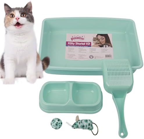 PAWISE Small Cat Litter Box,14.3 x 10.6 x 2.5 Kitten Litter Box Starter Kit,Low Entry Baby Kitten Training Litter Box with Scoop,Bowls,Cat Mouse Toy and Ball Toy,First Catty Owner Essentials (Green) by PAWISE