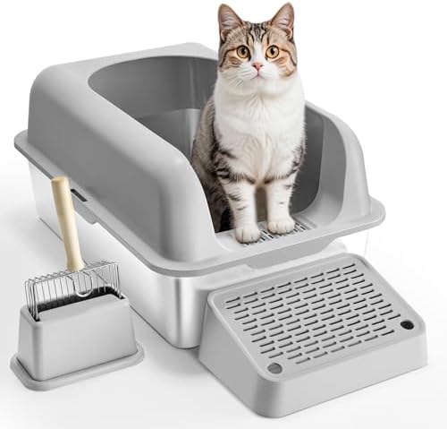 VEVOR Stainless Steel Cat Litter with Lid, XL Extra Large Enclosed Cat Litter Box for Big Cats, High Sides Metal Litter Box, Anti Leakage,Odor-Free & Easy Cleaning,Include Scoop & Foot Board by VEVOR