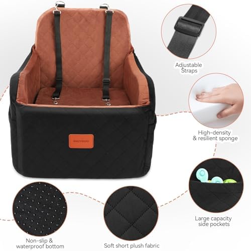 Dog Car Seats for Small/Medium Dogs, Memory Foam Dog Booster Seat for Dogs up to 35 lbs, Travel Safety Pet Car Seat with Washable Removable Cover and Storage Pockets (Black/Brown, Medium) - Image 4