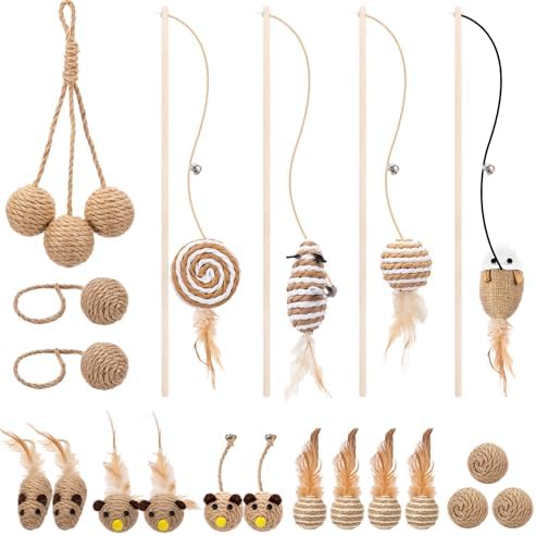 Leitee 20 Pcs Interactive Cat Toys for for Indoor Cats Set, Wooden Cat Wand Toywith Bells Feather Handle Chew Rope Mouse Sisal Balls Kitty Toys for Play Chase Exercise (Brown) by Leitee