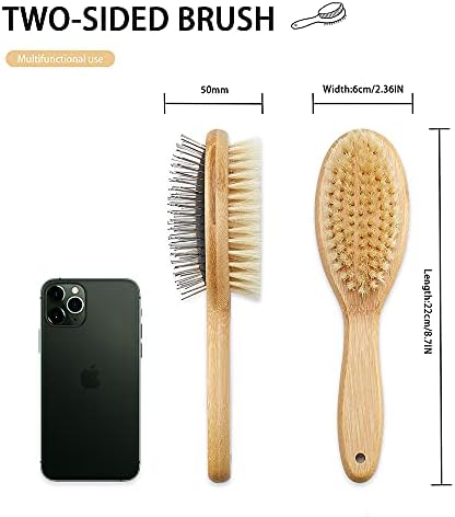 Dog Brush Cat Brush, Vokiuler Double Sided Bristle and Pin Pet Brush for Dog Grooming, Real Boar Bristle Shedding Brush with Bamboo Handle for Long Short Hair, 2 Pack Dog Comb, White - Image 2