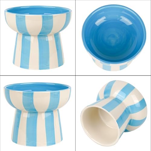 Raised Cat Bowl - Blue Striped Elevated Ceramic Food and Water Dish, Wide Shallow Design for Whisker Fatigue Relief, Dishwasher Safe - Image 6
