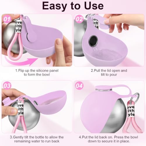 2 in 1 Dog Water Bottle with Bowl, 10oz Stainless Steel - Pink - Image 3