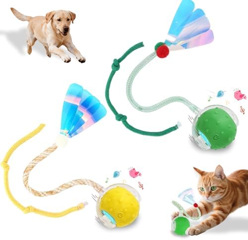 Interactive Cat Toys Smart Ball for Cats & Dogs! Now with 2 Rapid Tails. Features: 360°Auto-Rolling, Motion Activation& Bird Sounds. Perfect for Indoor Pet Exercise & Fun. (Yellow＆Green) by Unknown