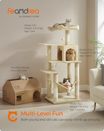 Feandrea Cat Tree, 54.2-Inch Cat Tower, Multi-Level Condo, Beige - Image 2