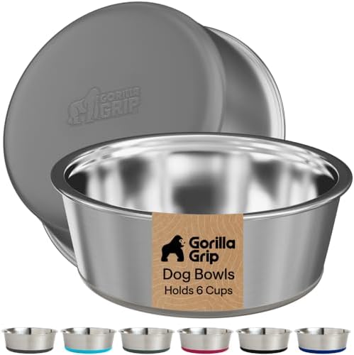 GORILLA GRIP Dog Bowls, Food Grade Stainless Steel, Set of 2, 6 Cup, Gray by GorillaGrip