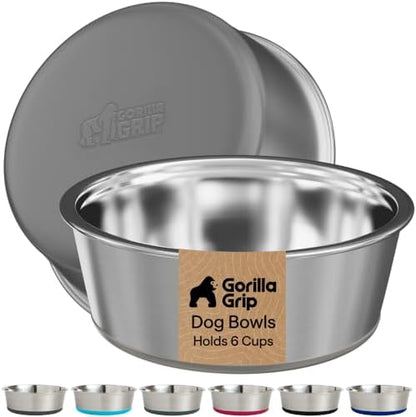 GORILLA GRIP Dog Bowls, Food Grade Stainless Steel, Set of 2, 6 Cup, Gray by GorillaGrip