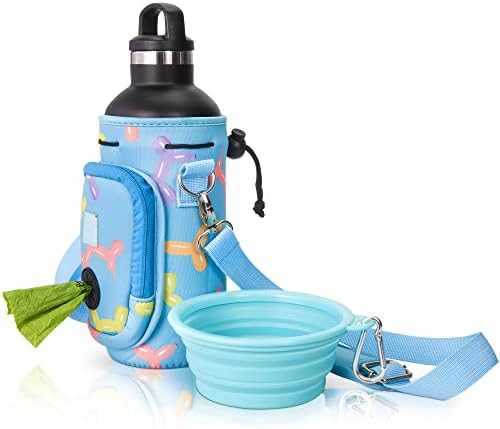 Made Easy Kit Water Bottle Carrier with Pocket for Dog Poop Waste Bags and Adjustable Padded Shoulder Strap (Large (32oz) with Bowl, Blue, Balloon Dogs) by MadeEasyKit