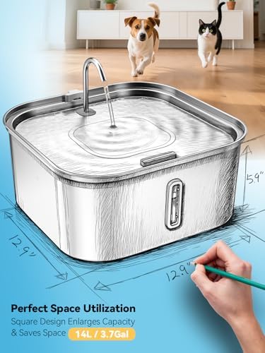 Large Dog Water Fountain 14L/3.7Gal, Stainless Steel Pet Fountain for Large Dogs and Multi-Pets Families, Visible Window & Extra Wide Drinking Area, Enlarges Capacity & Saves Space (with 7pcs Filters) - Image 5