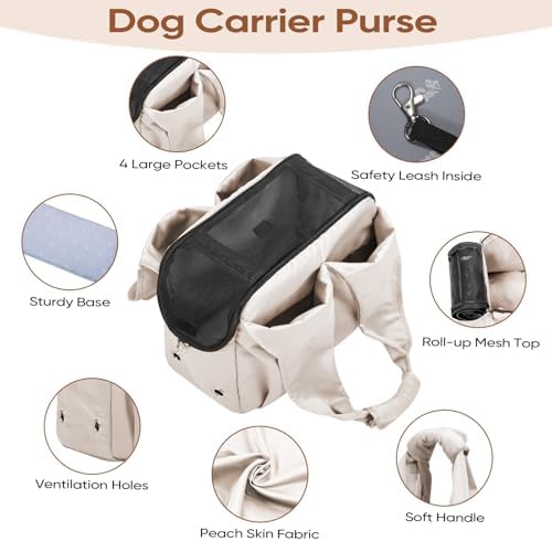 Dog Purse Carrier for Small Dogs, Cats, and Puppies – Soft-Sided Travel Pet Tote Bag with 4 Large Pockets, Foldable, Lightweight, Fits Pets up to 15 lbs, for Travel, Outings (Beige) - Image 3