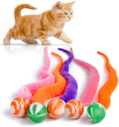 SHENGSEN Bouncy Ball with Tail Cat Toys-5 Packs,Magic Worm with Large Colorful Ball Toy for Cats,Fuzzy Worm Bouncy Balls Cat Toy by SHENGSEN