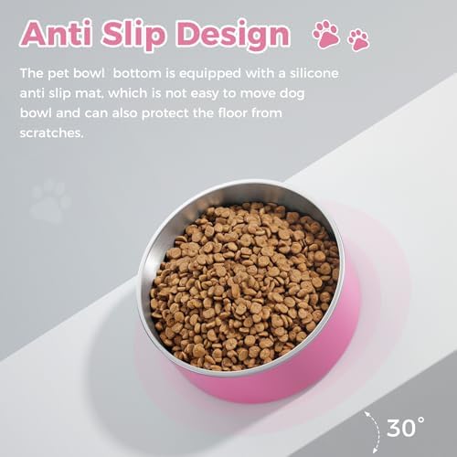 WENBOKMIN Dog Bowl, Stainless Steel Food and Water Bowl, 64oz, Pink | Non Slip Quiet Bottom, Easy to Clean, Dishwasher Safe - Image 5