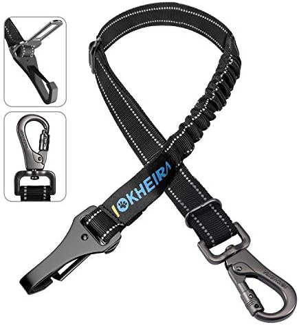 Dog Seat Belt 3-in-1 Car Harness for Dogs Adjustable Safety Seatbelt for Car Nylon Reflective Bungee Fabric Dog Car Harness with Clip Hook Latch & Buckle, Swivel Zinc Alloy Carabiner (Black) by IOKHEIRA