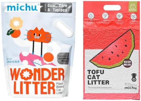 Michu Tofu Cat Litter Natural Clumping Tofu Cat Litter 5.5lb/88oz 5 Scents (Watermelon + Wonder Litter, 2 Pack) by Michupet