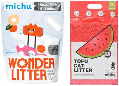 Michu Tofu Cat Litter Natural Clumping Tofu Cat Litter 5.5lb/88oz 5 Scents (Watermelon + Wonder Litter, 2 Pack) by Michupet