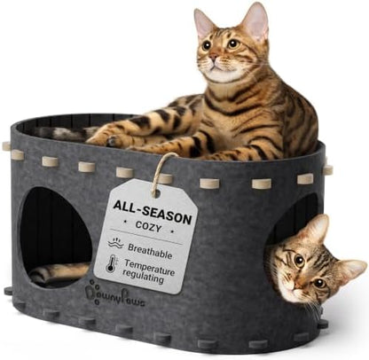 DownyPaws Cat House for Indoor Cats, Cube Castle Cat Bed Cave, Sesame Gray by DownyPaws