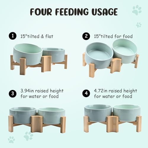 SPUNKYJUNKY 15° Slanted Ceramic Dog and Cat Bowl with Wooden Stand, Tilted Bulldog Food and Water Bowl No Slip Non-Spill for Cats Medium Dogs Big Face Pets 28.7 OZ (3.6 Cups, Morandi Green × 2) - Image 3