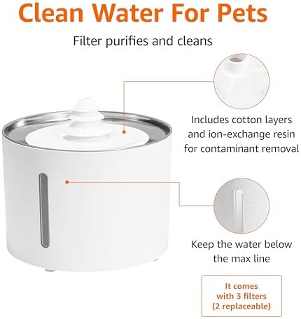 Amazon Basics Large Capacity Pet Water Fountain with Stainless Steel Top, Ultra Quiet, Easy to Clean, BPA Free, 3L, White, 3 Filters Included - Image 3