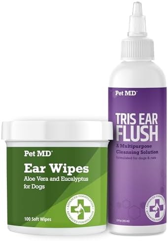 Pet MD Dog Ear Cleaning Wipes with Aloe and Eucalyptus + Veterinary Tris Flush Cat & Dog Ear Cleaner by PetMD