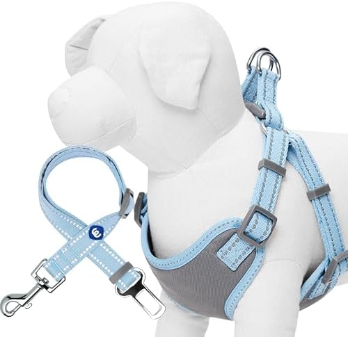 Blueberry Pet Pastel Colored Reflective Dog Harness with Seatbelt Clip – Adjustable No-Pull Pet Vest for Walking and Car Safety, Large Size in Baby Blue by BlueberryPet