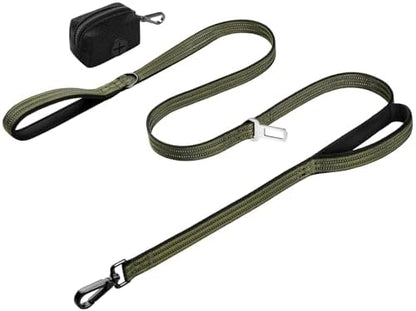 Double Handle Dog Leash with Poop Bag Holder and Car Seat Belt Buckle by WINGOIN